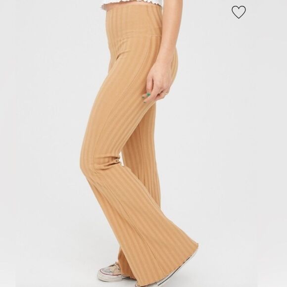 Aerie Original Wide Leg Flare High Waisted Ribbed Legging Mustard- Size Small - Picture 1 of 8